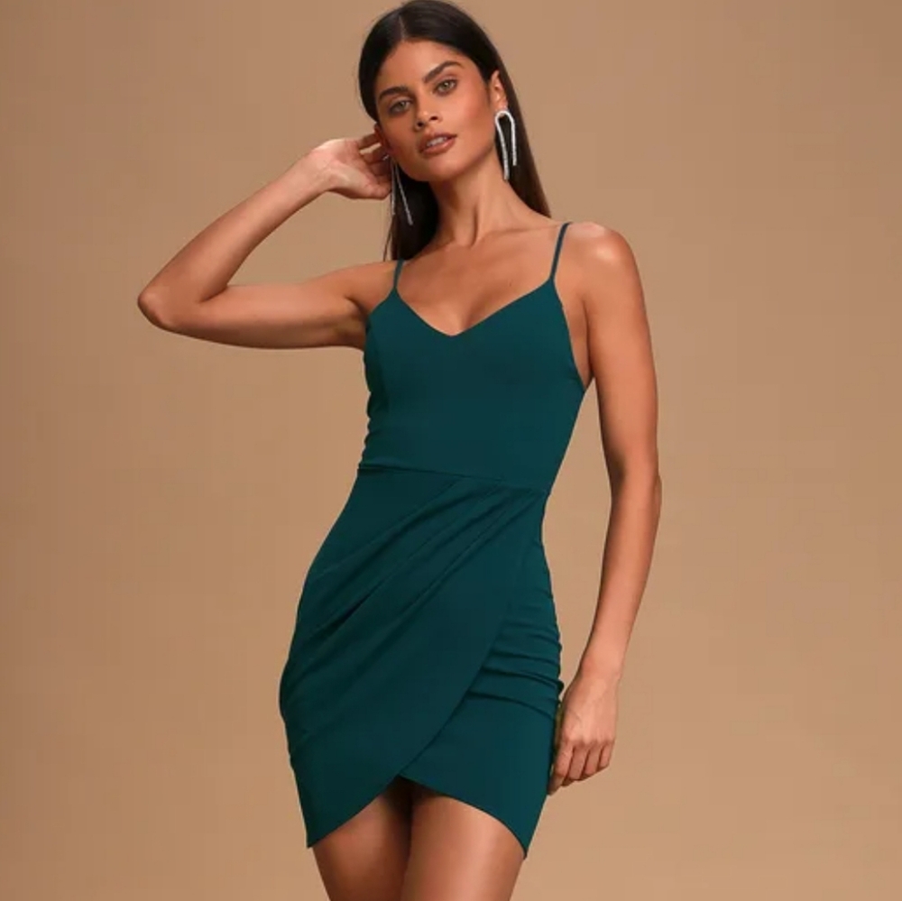 Lulu's "Forever Your Girl" teal blue bodycon dress. Size M. V Neck. Thin straps.